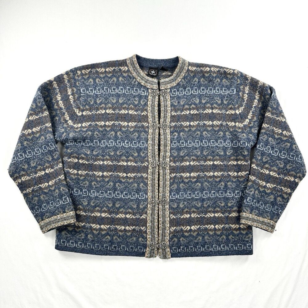 Skyr Wool Cardigan Nordic Sweater Womens Large Blue Metal Clasps Ski